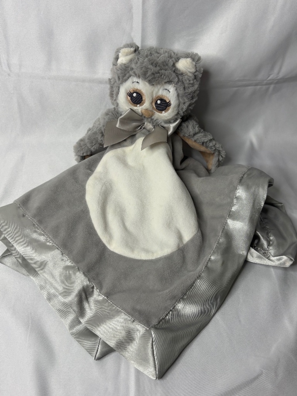 Bearington Baby Lovey Lil' Owlie Gray Owl Security Blanket Satin Trim Plush